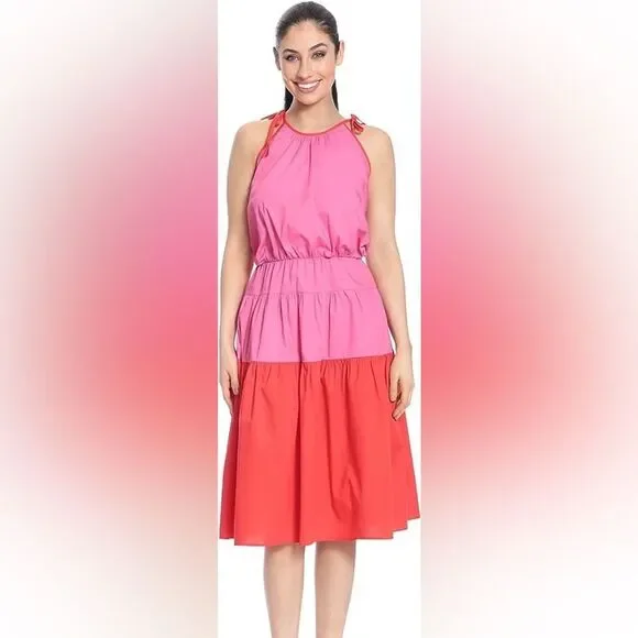 open lace back dress Rebekah Color Block Midi Dress- Pink & Red Medium